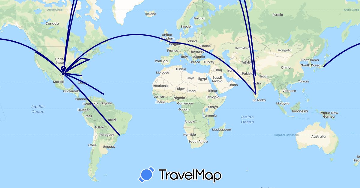 TravelMap itinerary: driving in Brazil, United Kingdom, India, Japan, United States, Saint Vincent and the Grenadines (Asia, Europe, North America, South America)